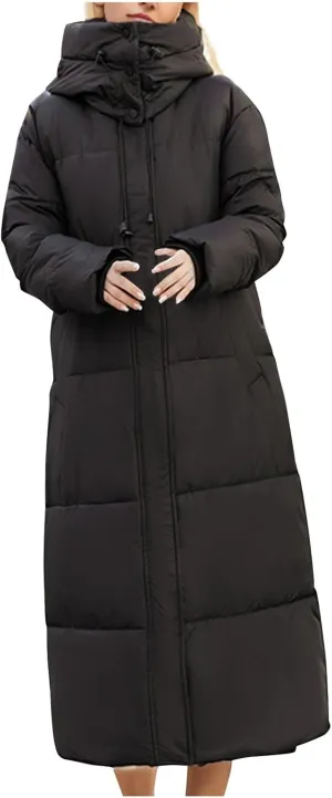 Warm Drawstring Hooded Mid-Length Down Jacket for Women Winter Padded Puffer Quilted Coat Outdoor Pockets Outerwear