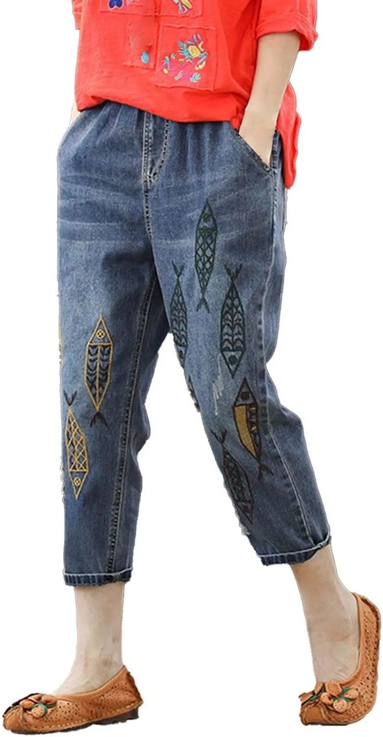 Wide Leg Jeans Woman Women Casual Comfortable Literary Embroidery Elastic High Waist Cutting Pants Jeans Slimming