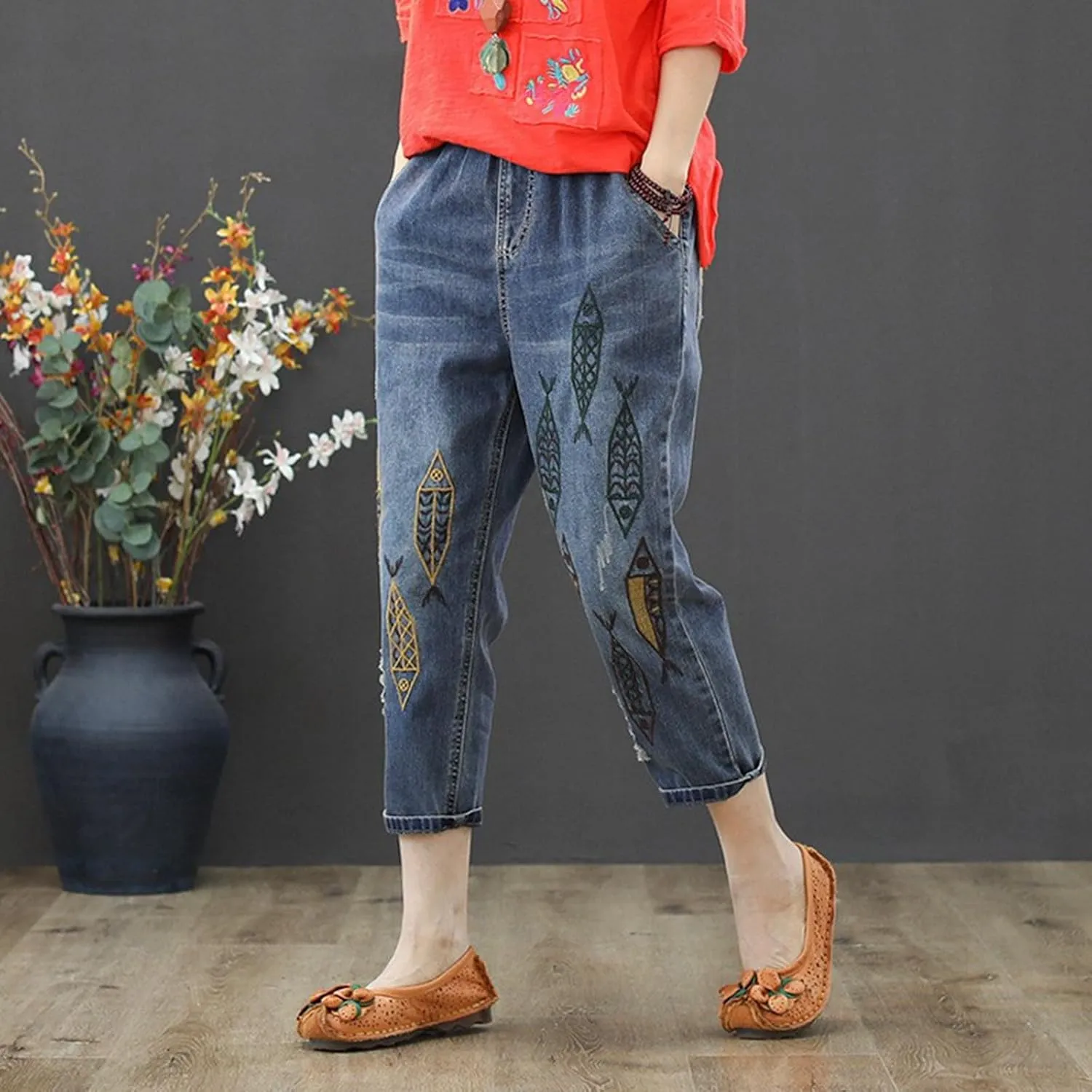 Wide Leg Jeans Woman Women Casual Comfortable Literary Embroidery Elastic High Waist Cutting Pants Jeans Slimming
