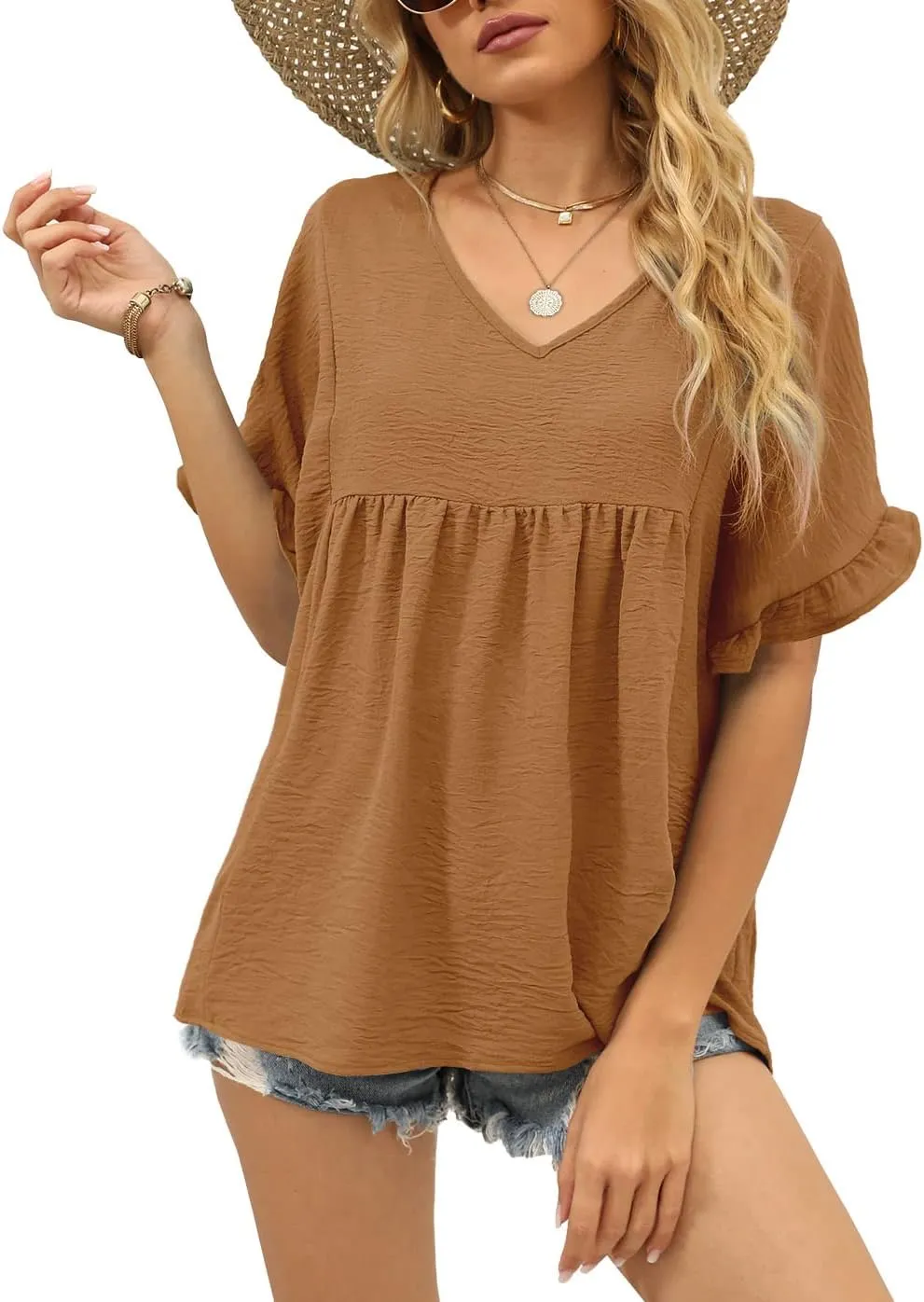 WIHOLL Womens Tops Casual V Neck Ruffle Sleeve T Shirts Babydoll Loose Fit Peplum Tops