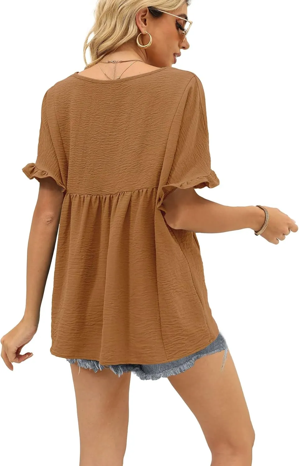 WIHOLL Womens Tops Casual V Neck Ruffle Sleeve T Shirts Babydoll Loose Fit Peplum Tops