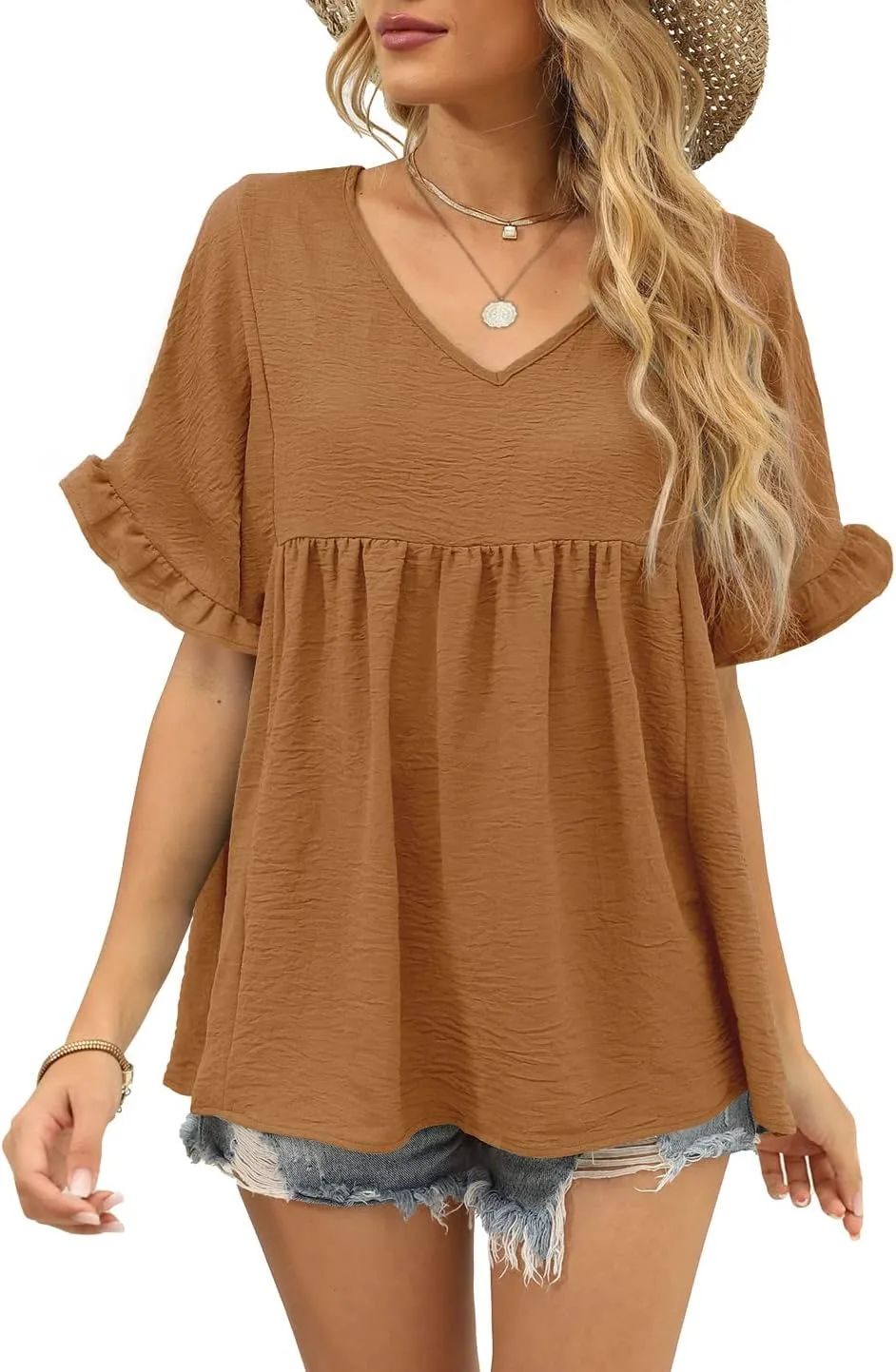 WIHOLL Womens Tops Casual V Neck Ruffle Sleeve T Shirts Babydoll Loose Fit Peplum Tops