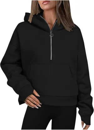 Woemns 2024 Half Zip Hoodie Trendy Cropped Sweatshirt Hooded Hoodies Tops Preppy Fashion Outfits Clothing
