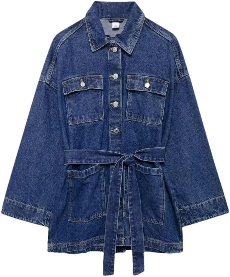 Woman's Denim Hoodie Jacket Long Sleeves O-Neck Casual Solid Denim Jackets