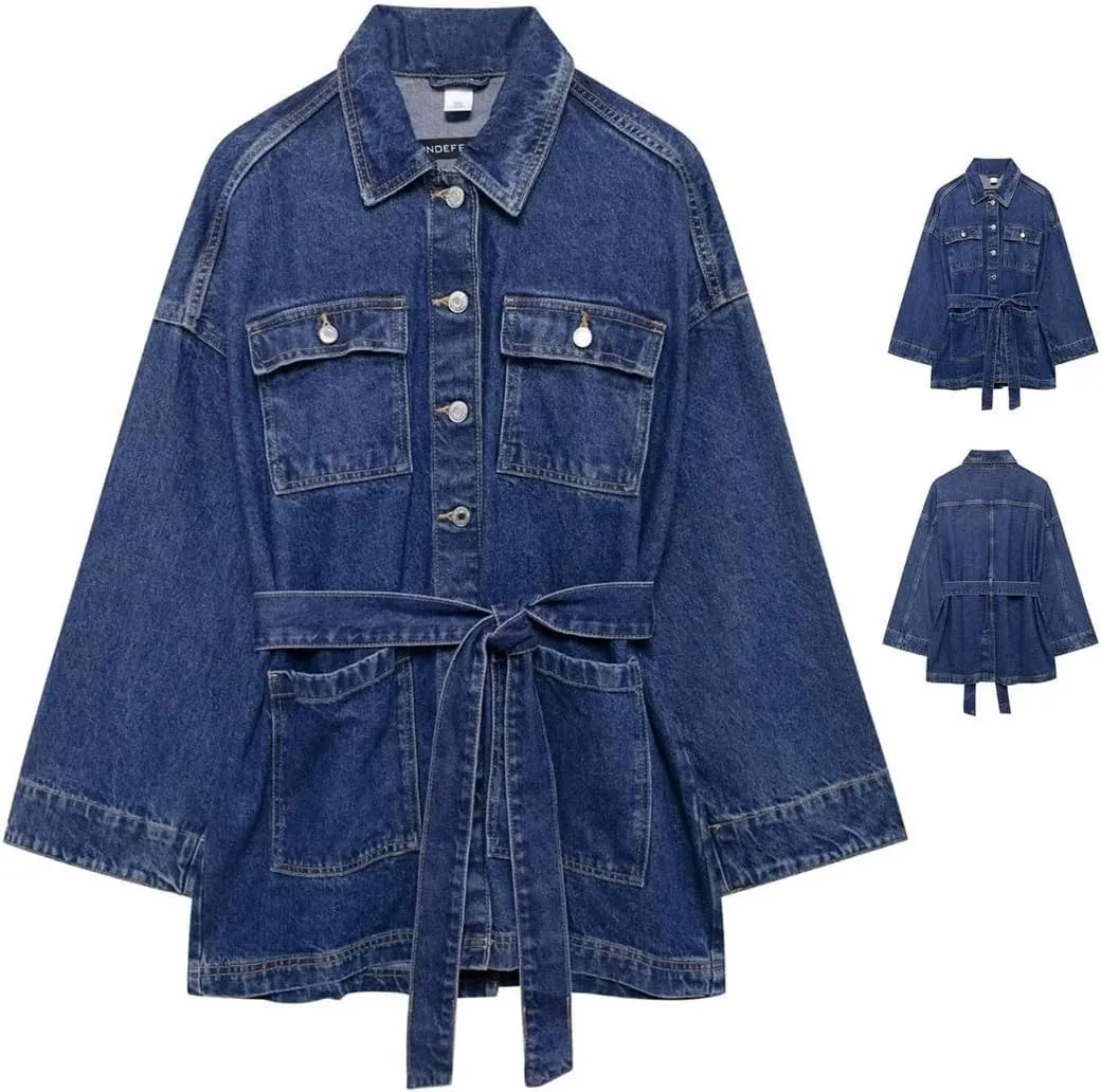 Woman's Denim Hoodie Jacket Long Sleeves O-Neck Casual Solid Denim Jackets