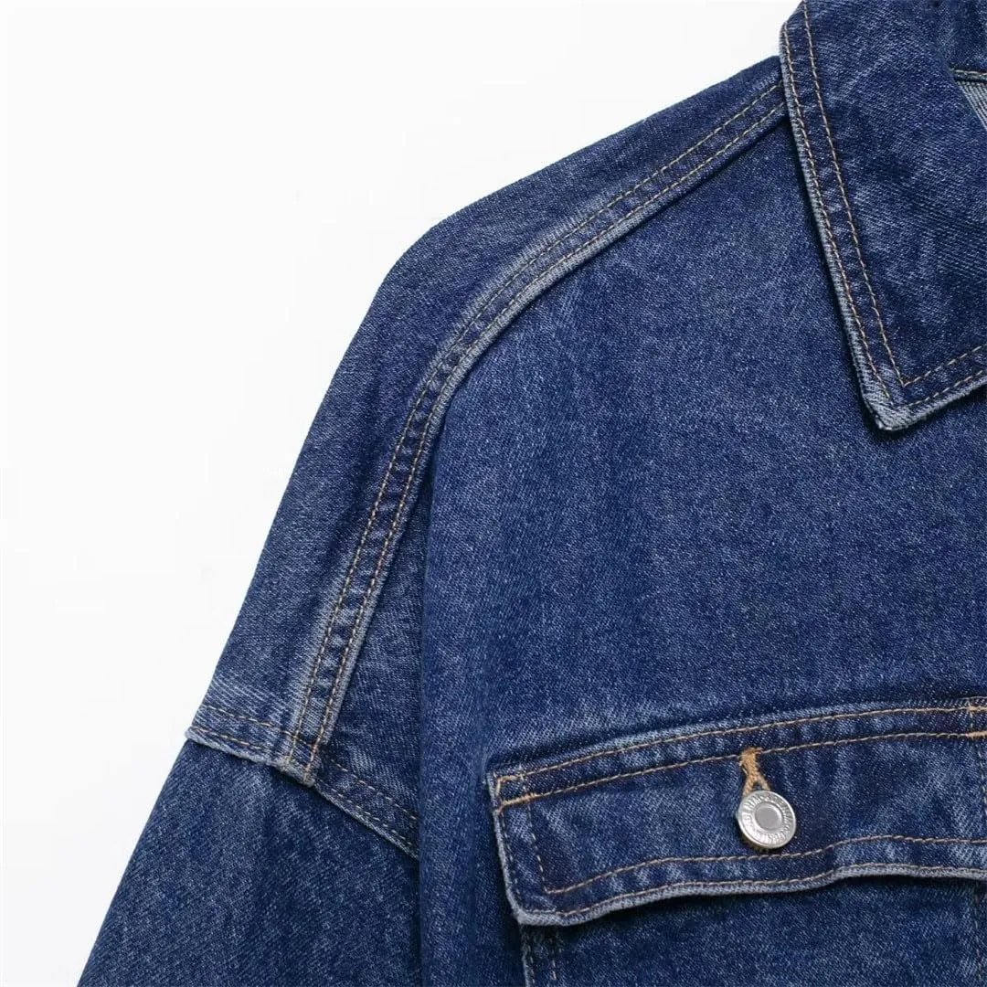 Woman's Denim Hoodie Jacket Long Sleeves O-Neck Casual Solid Denim Jackets
