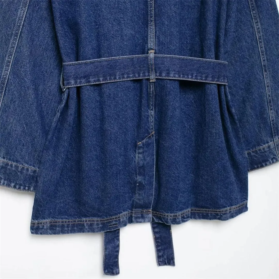 Woman's Denim Hoodie Jacket Long Sleeves O-Neck Casual Solid Denim Jackets