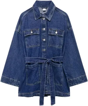 Woman's Denim Hoodie Jacket Long Sleeves O-Neck Casual Solid Denim Jackets