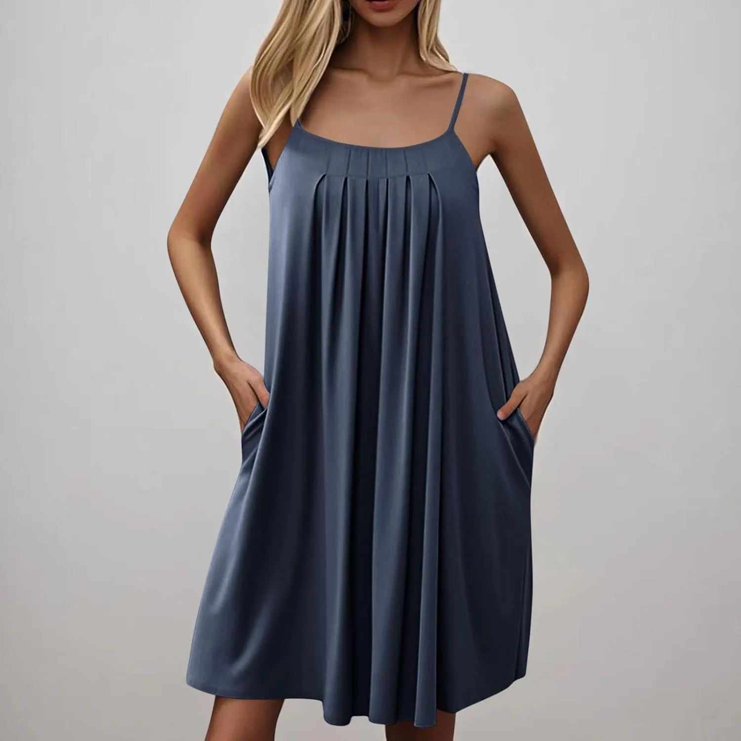 Women Basic Pleats Front Cami Dress Summer Sleeveless Crewneck Loungewear Tank Dresses Comfy Mini Pjs Dress Pocketed