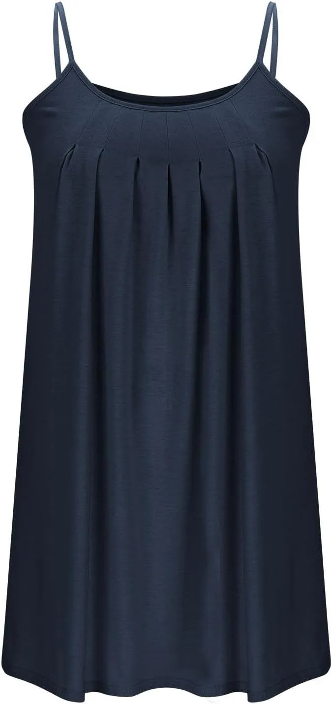 Women Basic Pleats Front Cami Dress Summer Sleeveless Crewneck Loungewear Tank Dresses Comfy Mini Pjs Dress Pocketed
