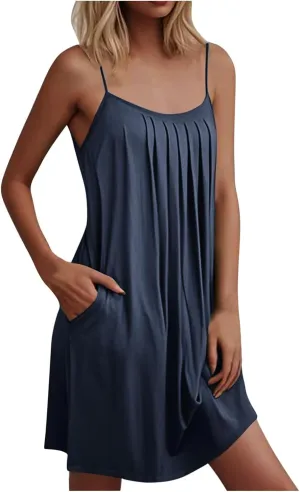 Women Basic Pleats Front Cami Dress Summer Sleeveless Crewneck Loungewear Tank Dresses Comfy Mini Pjs Dress Pocketed