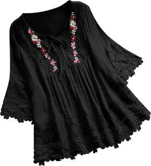 Women Cotton Linen Summer Top Vintage Lace Patchwork Tie-Up V-Neck Tshirt Cute Floral Short Sleeve Blouse Beach Tees