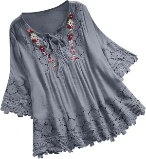 Women Cotton Linen Summer Top Vintage Lace Patchwork Tie-Up V-Neck Tshirt Cute Floral Short Sleeve Blouse Beach Tees
