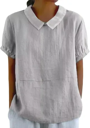 Women Cotton Linen Tops Summer Solid Collared Short Sleeve Shirt Casual Loose Tunic Tops Blouses 2024