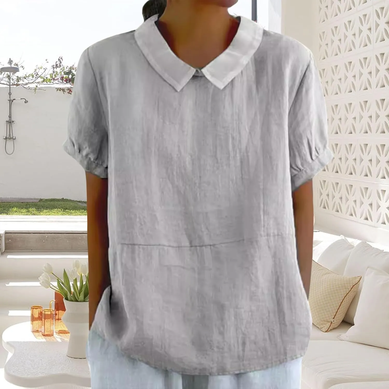 Women Cotton Linen Tops Summer Solid Collared Short Sleeve Shirt Casual Loose Tunic Tops Blouses 2024