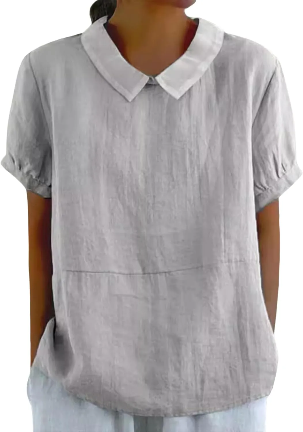 Women Cotton Linen Tops Summer Solid Collared Short Sleeve Shirt Casual Loose Tunic Tops Blouses 2024