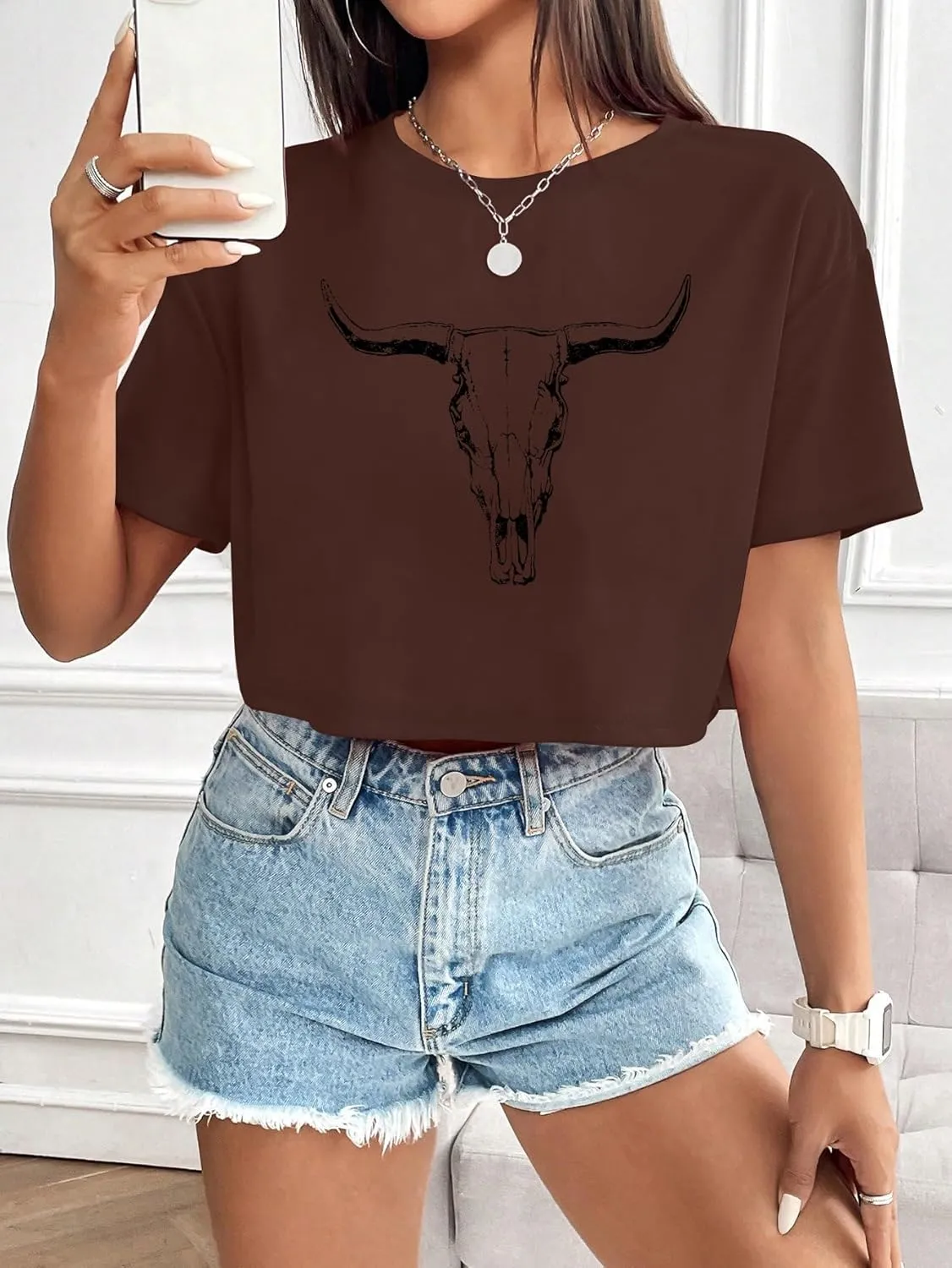 Women Cow Crop Tops Western Cowgirls Graphic T-Shirt Vintage Rodeo Cow Skull Country Concert Tees Tops