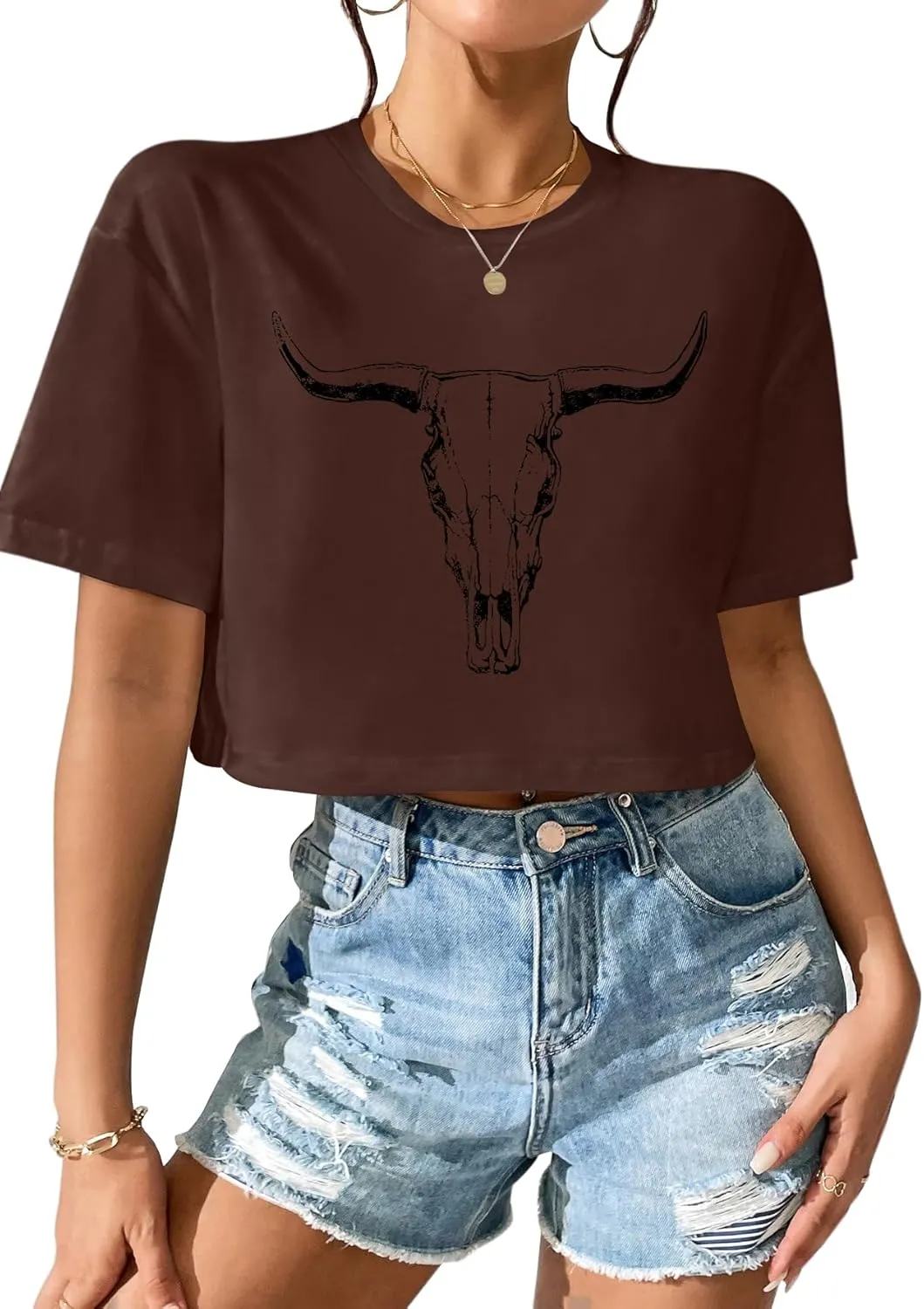 Women Cow Crop Tops Western Cowgirls Graphic T-Shirt Vintage Rodeo Cow Skull Country Concert Tees Tops