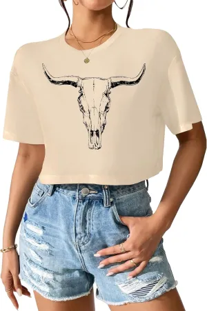 Women Cow Crop Tops Western Cowgirls Graphic T-Shirt Vintage Rodeo Cow Skull Country Concert Tees Tops