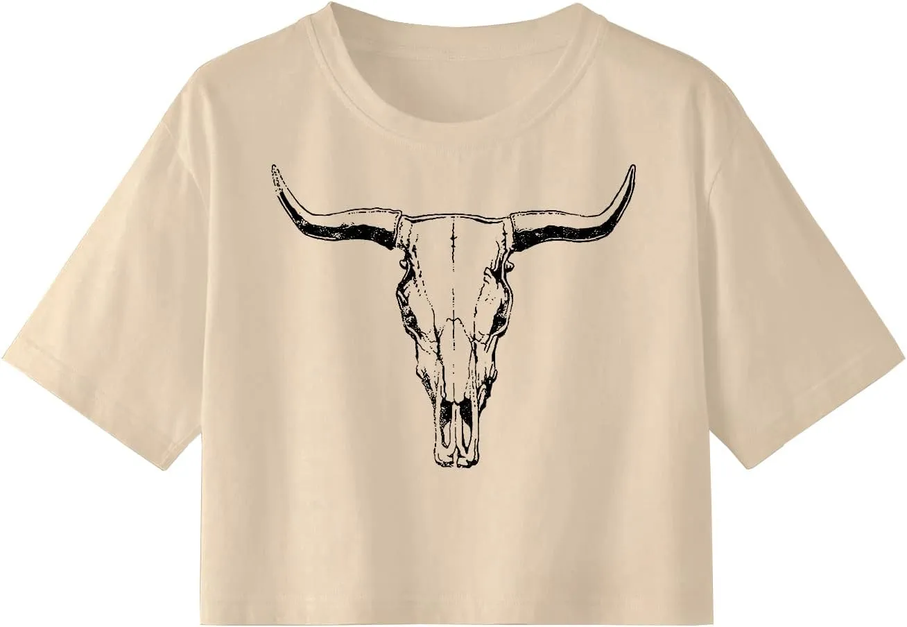 Women Cow Crop Tops Western Cowgirls Graphic T-Shirt Vintage Rodeo Cow Skull Country Concert Tees Tops