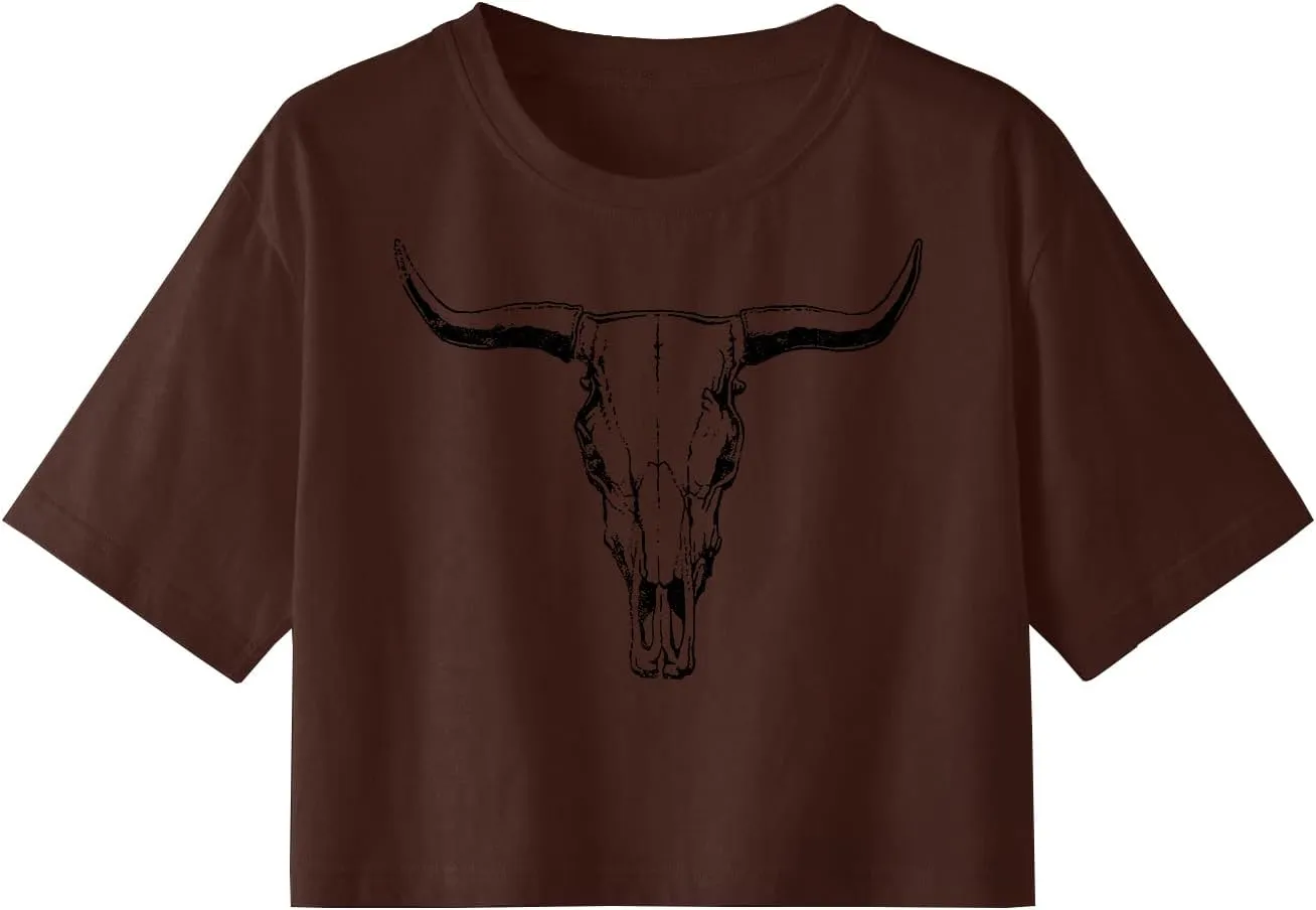 Women Cow Crop Tops Western Cowgirls Graphic T-Shirt Vintage Rodeo Cow Skull Country Concert Tees Tops