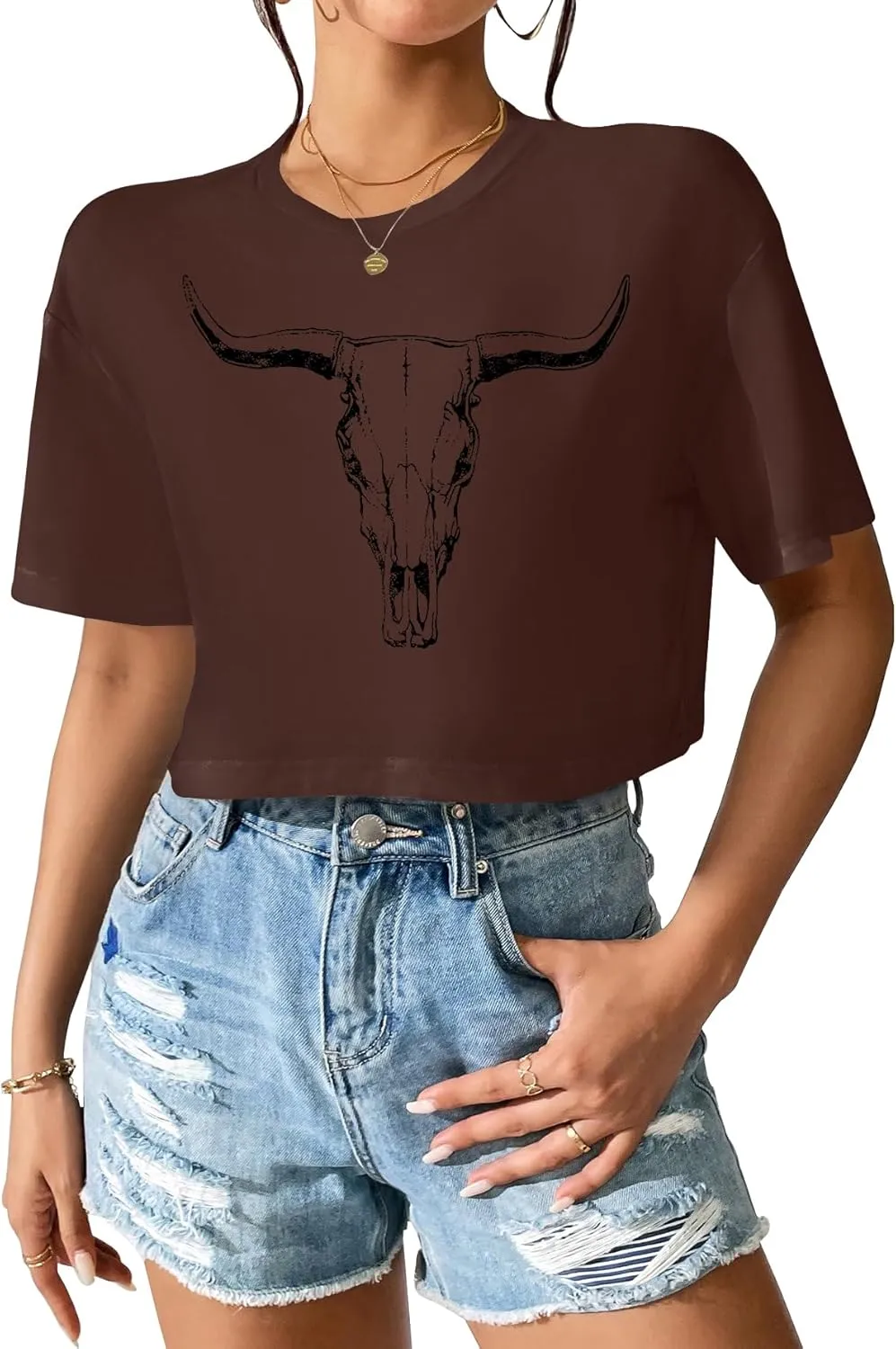 Women Cow Crop Tops Western Cowgirls Graphic T-Shirt Vintage Rodeo Cow Skull Country Concert Tees Tops