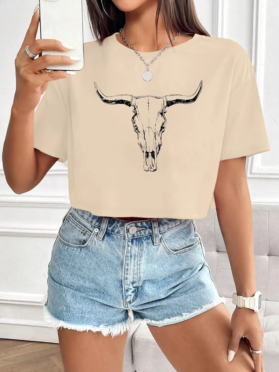 Women Cow Crop Tops Western Cowgirls Graphic T-Shirt Vintage Rodeo Cow Skull Country Concert Tees Tops