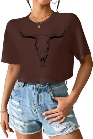 Women Cow Crop Tops Western Cowgirls Graphic T-Shirt Vintage Rodeo Cow Skull Country Concert Tees Tops