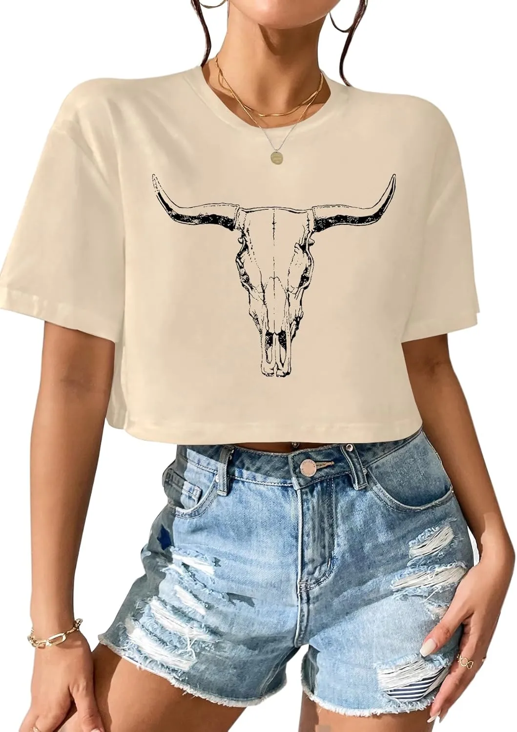 Women Cow Crop Tops Western Cowgirls Graphic T-Shirt Vintage Rodeo Cow Skull Country Concert Tees Tops
