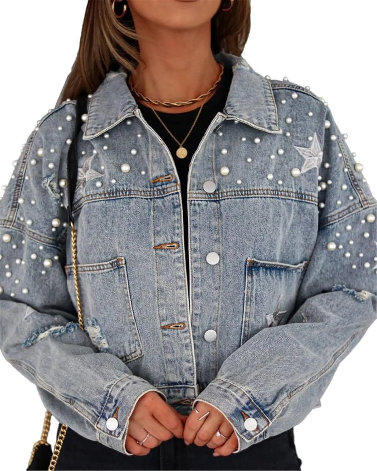 Women Denim Distressed Jacket Casual Star Embellished Denim Jacket with Pockets
