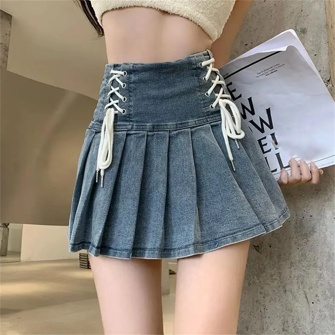 Women Denim Pleated Skirts Girlish Summer Mini Skirt Korean Style Denim Skirts