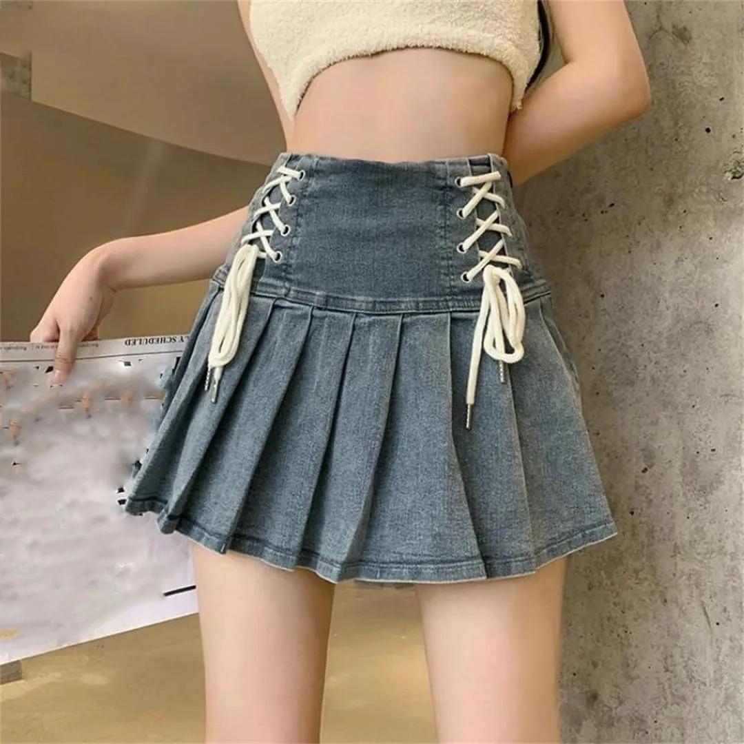 Women Denim Pleated Skirts Girlish Summer Mini Skirt Korean Style Denim Skirts