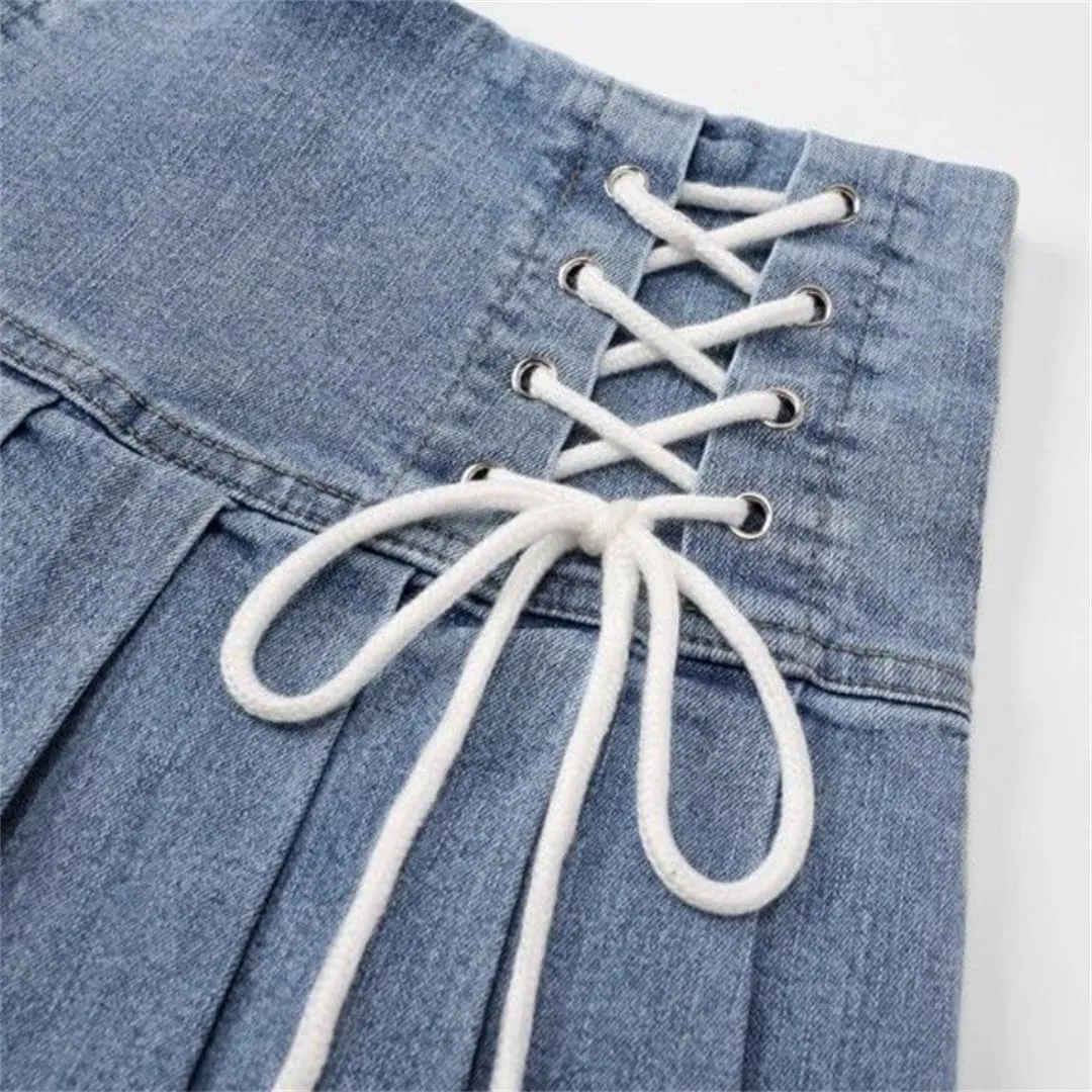 Women Denim Pleated Skirts Girlish Summer Mini Skirt Korean Style Denim Skirts