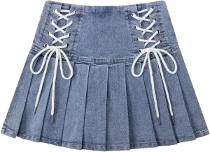 Women Denim Pleated Skirts Girlish Summer Mini Skirt Korean Style Denim Skirts