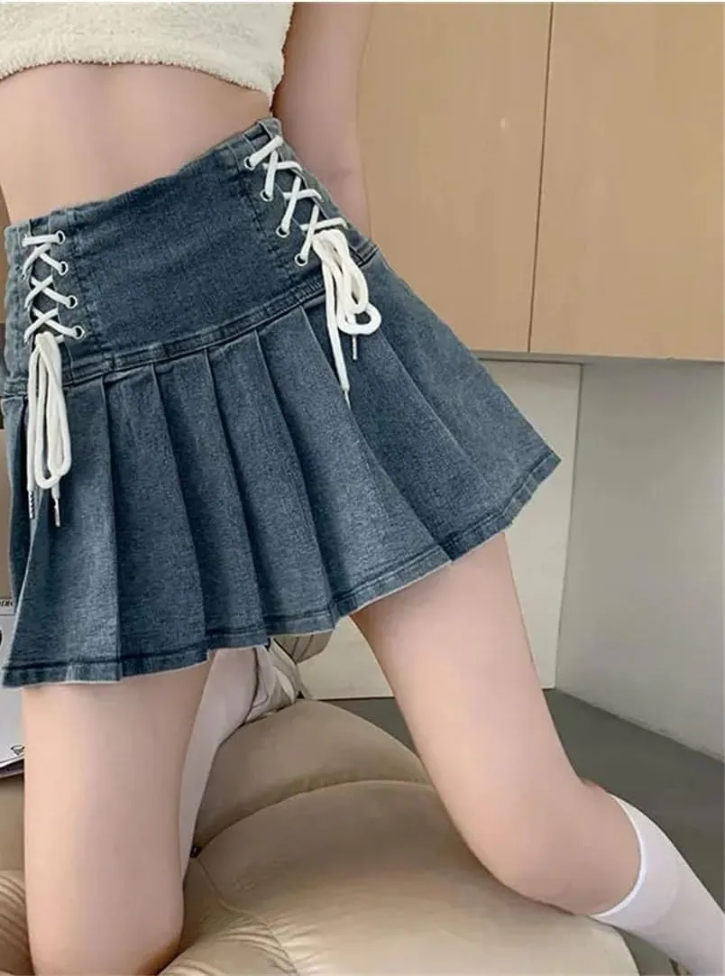Women Denim Pleated Skirts Girlish Summer Mini Skirt Korean Style Denim Skirts