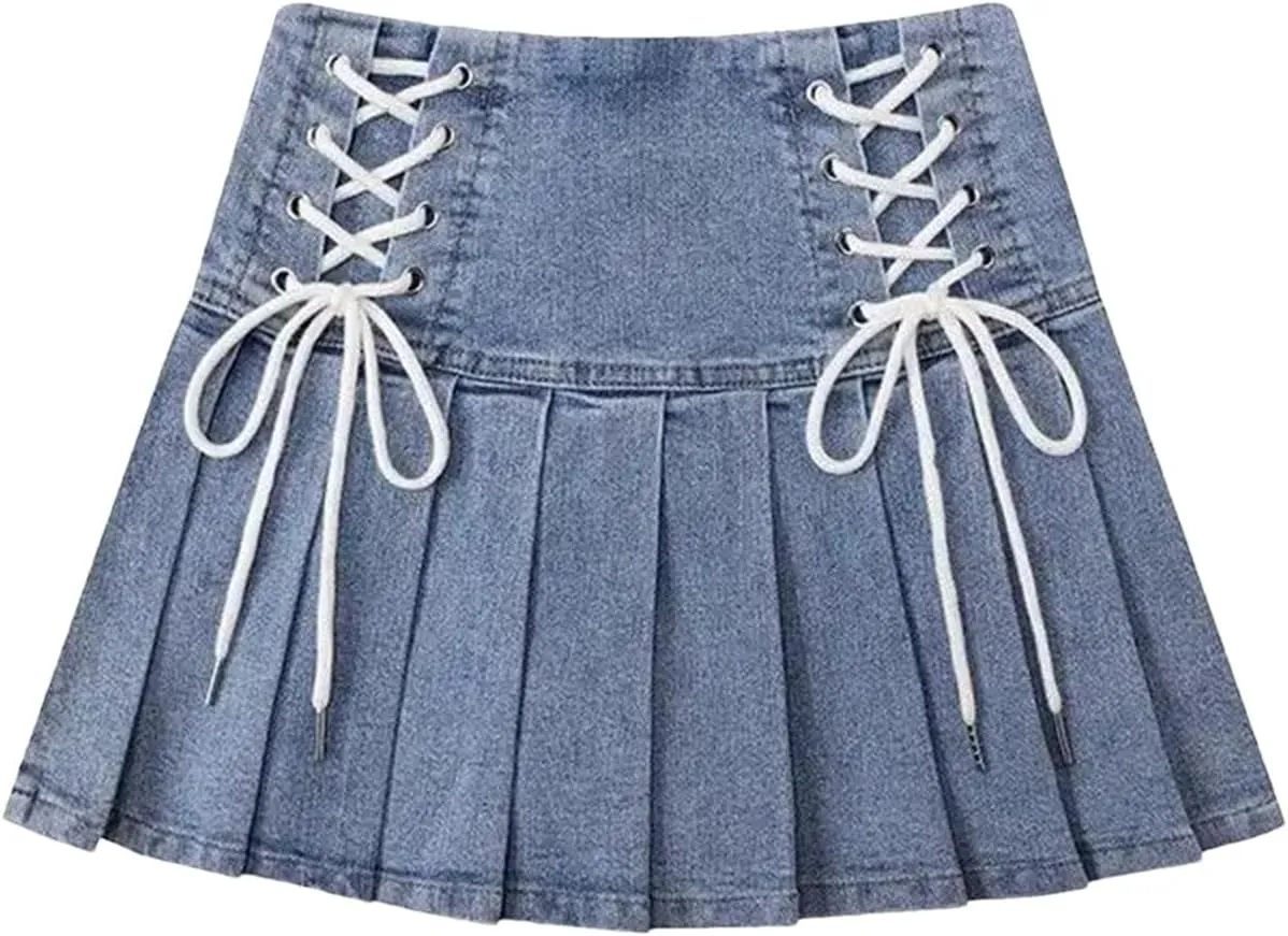 Women Denim Pleated Skirts Girlish Summer Mini Skirt Korean Style Denim Skirts