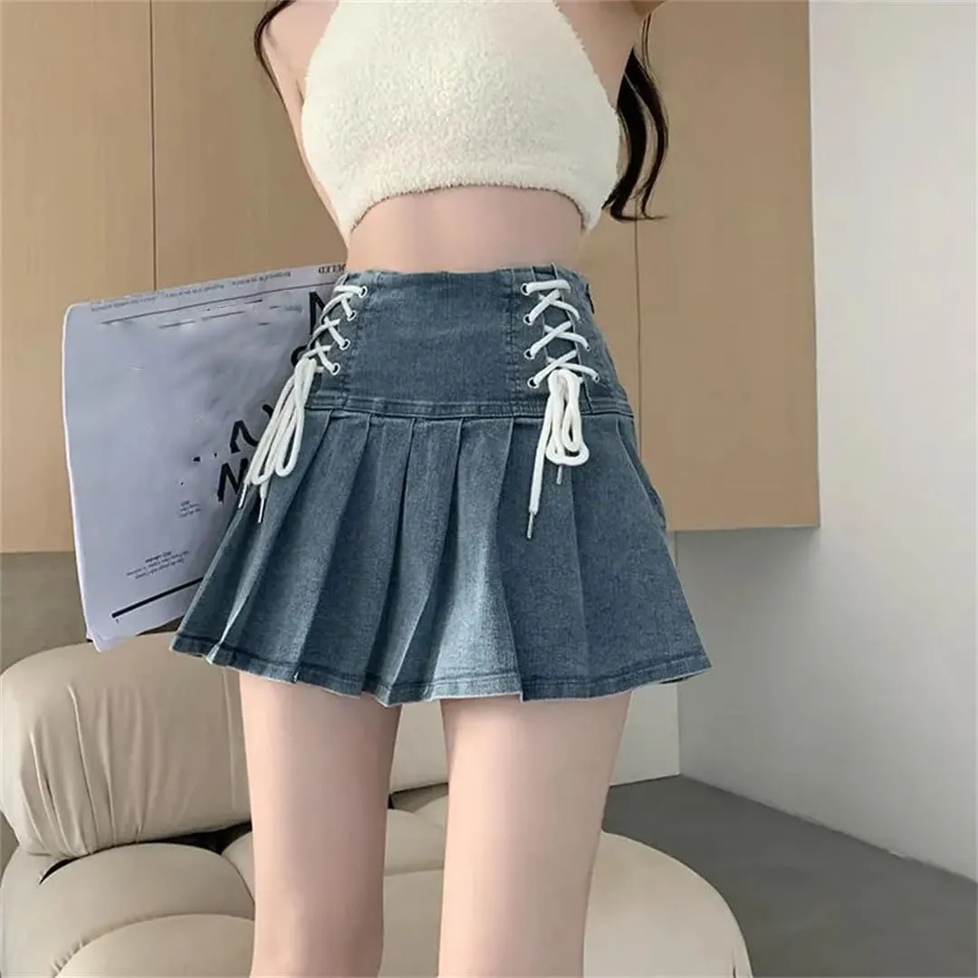 Women Denim Pleated Skirts Girlish Summer Mini Skirt Korean Style Denim Skirts