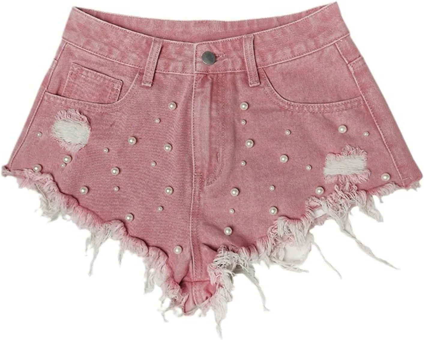 Women Denim Shorts Ripped High Waisted Jean Shorts Trendy Pearl Beaded Frayed Raw Hem Sexy Summer Short with Pockets