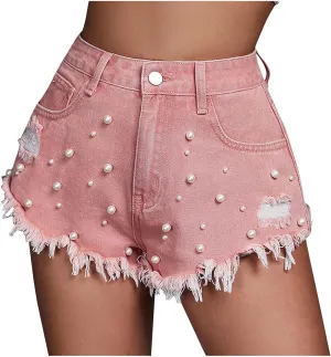 Women Denim Shorts Ripped High Waisted Jean Shorts Trendy Pearl Beaded Frayed Raw Hem Sexy Summer Short with Pockets