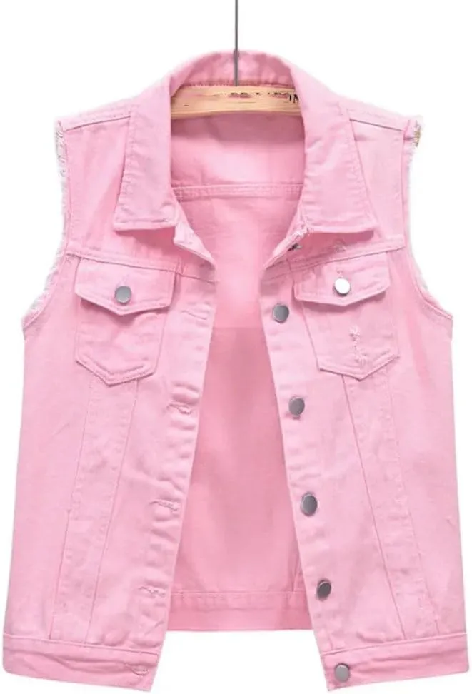 Women Denim Vest With Pockets Plus Size Sleeveless Denim Jacket Vintage Casual Waistcoats