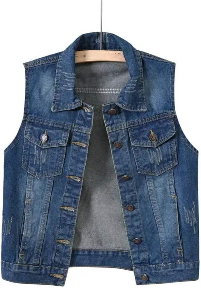 Women Denim Vest With Pockets Plus Size Sleeveless Denim Jacket Vintage Casual Waistcoats