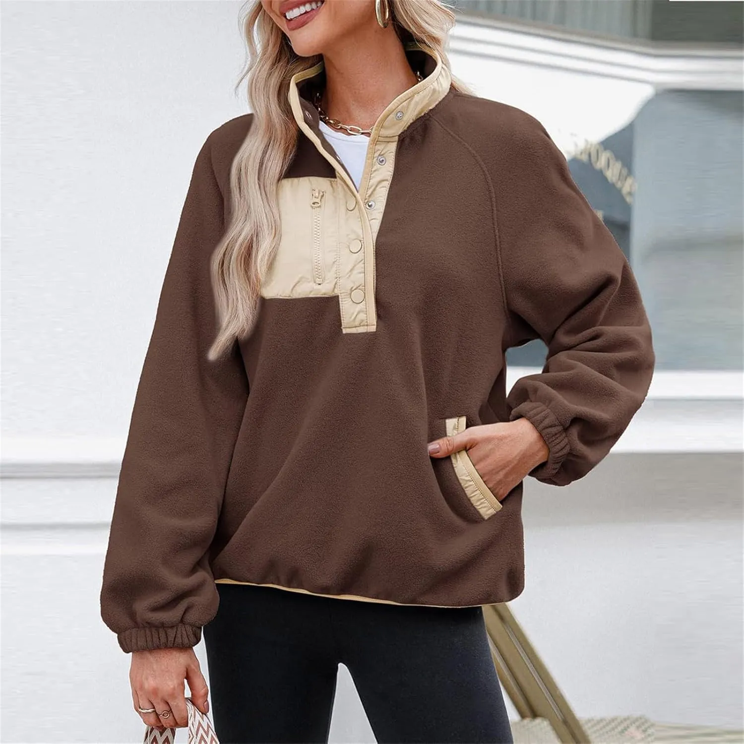 Women Fleece Oversized Sweatshirt Pullover Color Block Tops Sweater Sherpa Fuzzy Jacket Fall Winter Comfy Clothes