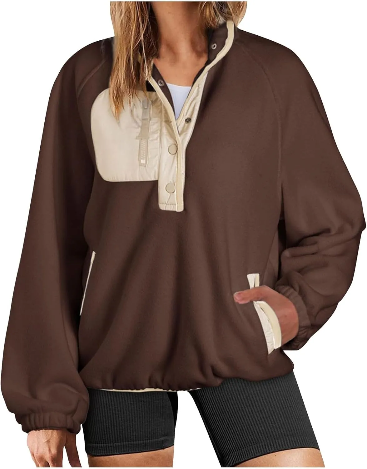 Women Fleece Oversized Sweatshirt Pullover Color Block Tops Sweater Sherpa Fuzzy Jacket Fall Winter Comfy Clothes