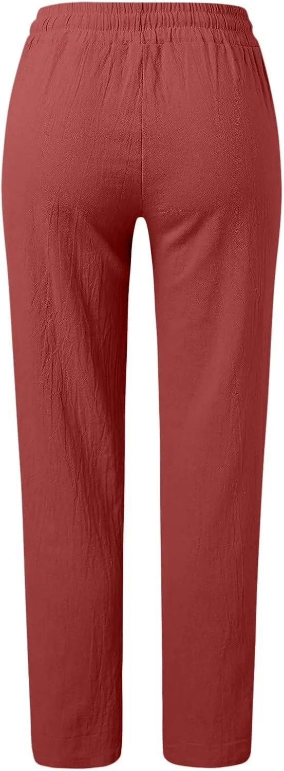 Women Linen Pants Casual Straight Leg Work Pants Drawstring Waist Long Pants Comfy Work Trousers Summer Jogger Pants