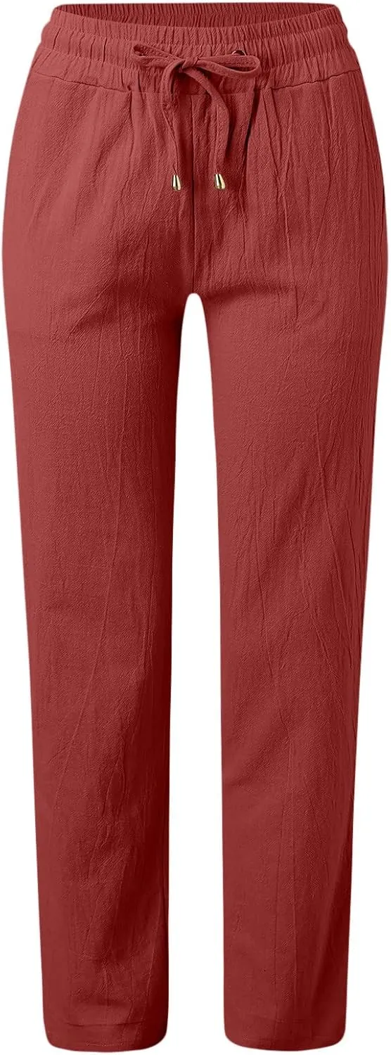 Women Linen Pants Casual Straight Leg Work Pants Drawstring Waist Long Pants Comfy Work Trousers Summer Jogger Pants
