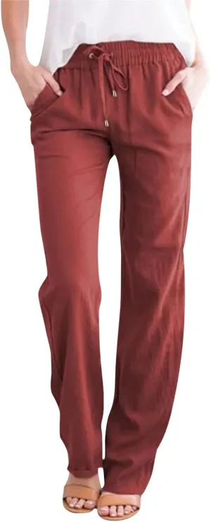 Women Linen Pants Casual Straight Leg Work Pants Drawstring Waist Long Pants Comfy Work Trousers Summer Jogger Pants