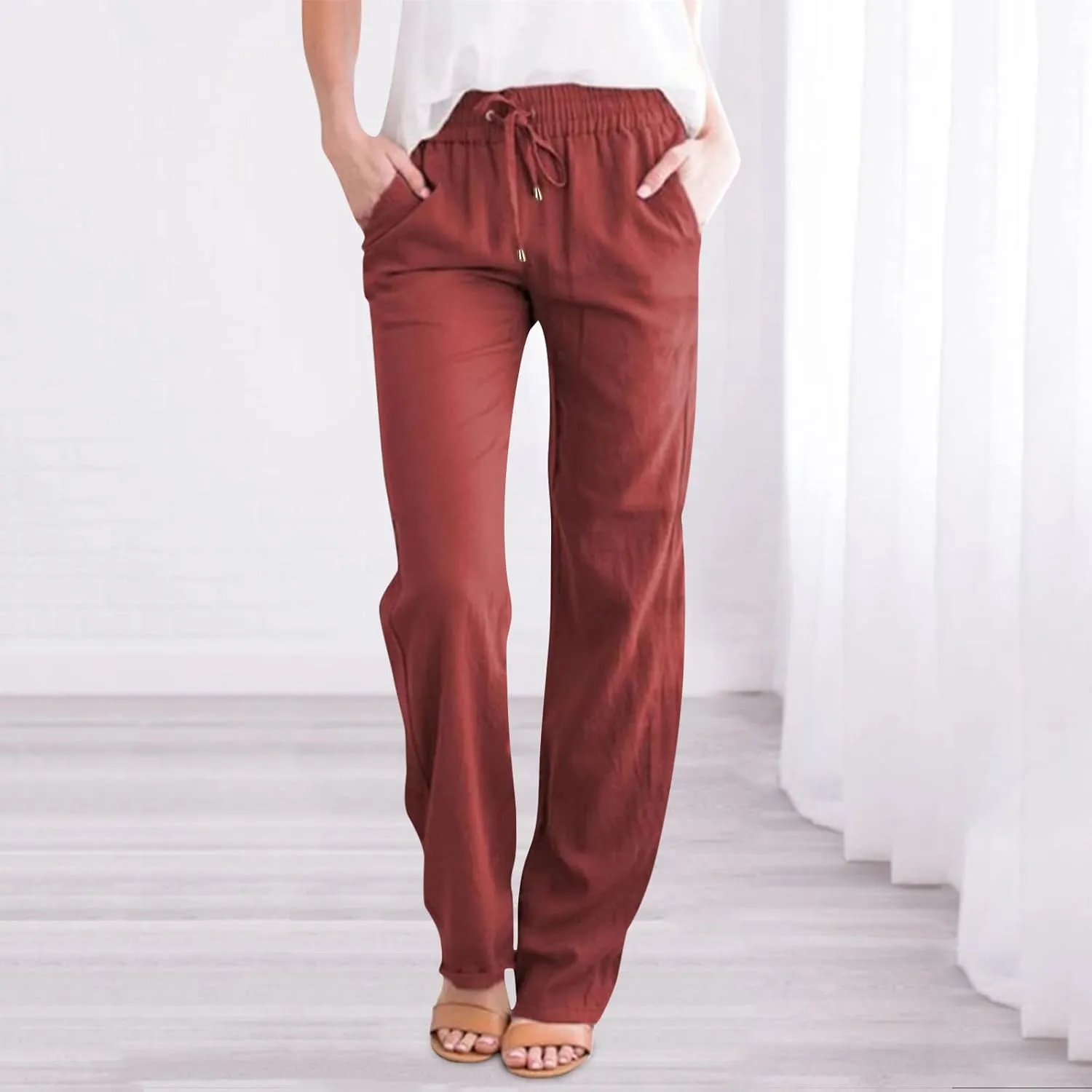 Women Linen Pants Casual Straight Leg Work Pants Drawstring Waist Long Pants Comfy Work Trousers Summer Jogger Pants