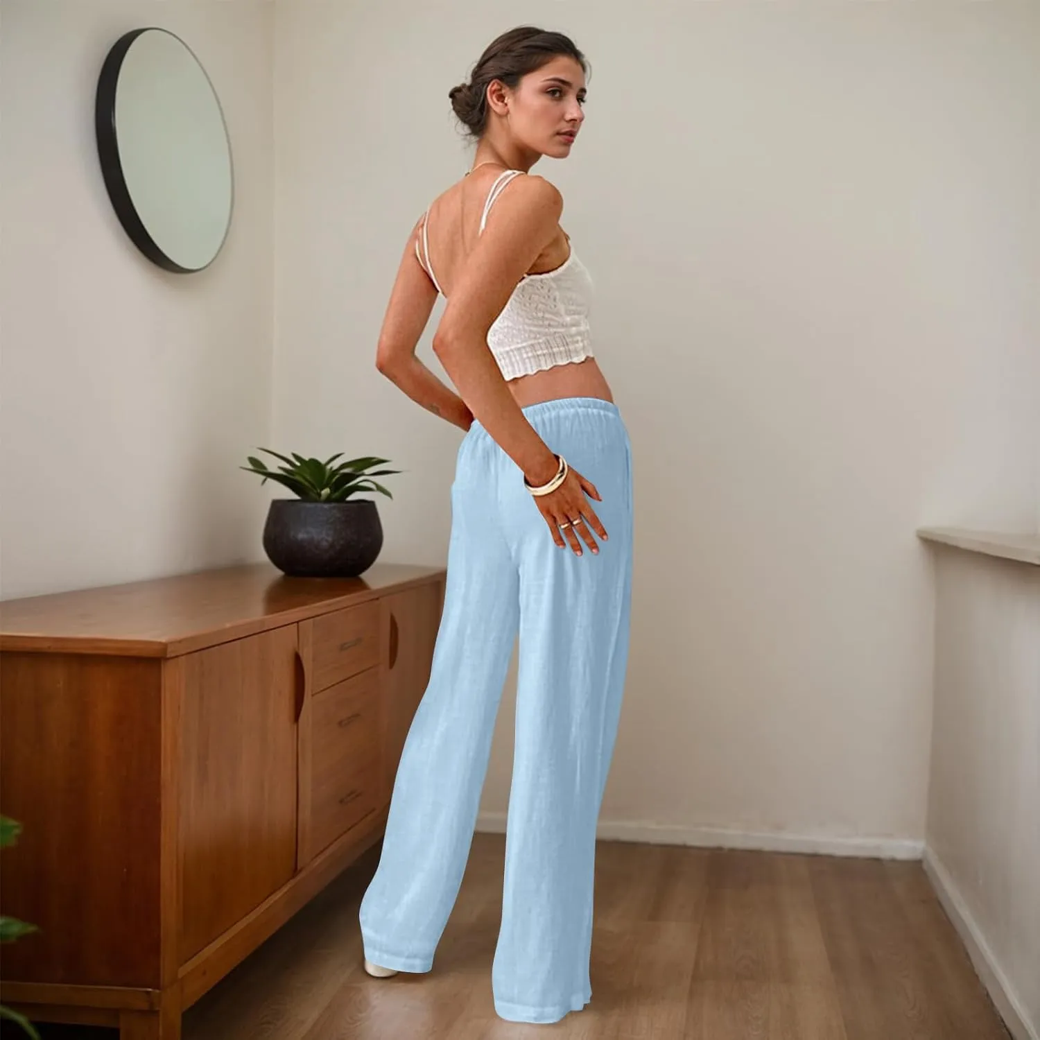 Women Linen Pants Summer Wide Leg Pants with Pockets Boho Beach Pants High Waist Drawstring Flowy Palazzo Pants