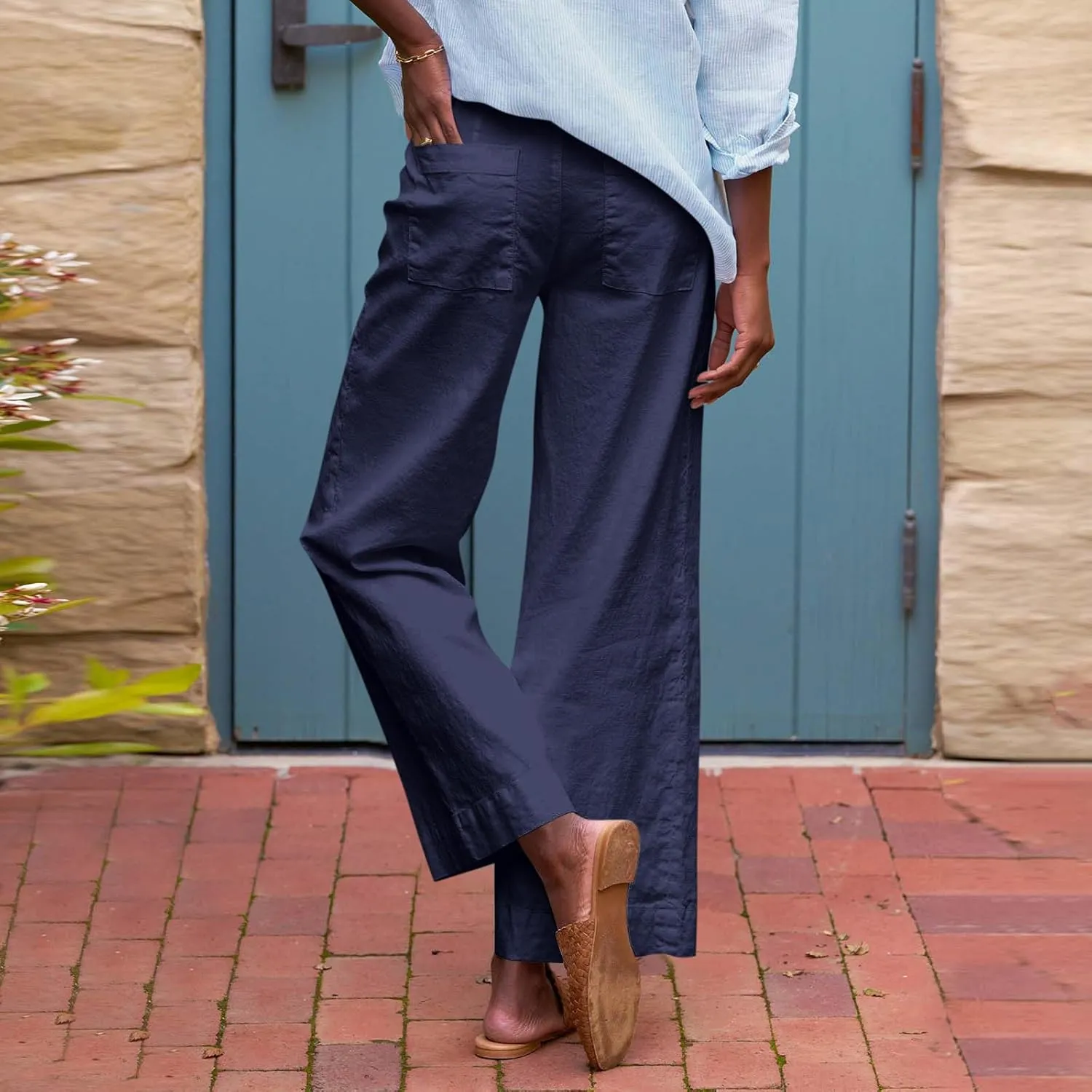 Women Linen Pants Wide Leg Capri Pants with Pockets Summer High Waisted Cropped Pants Boho Flowy Palazzo Pants