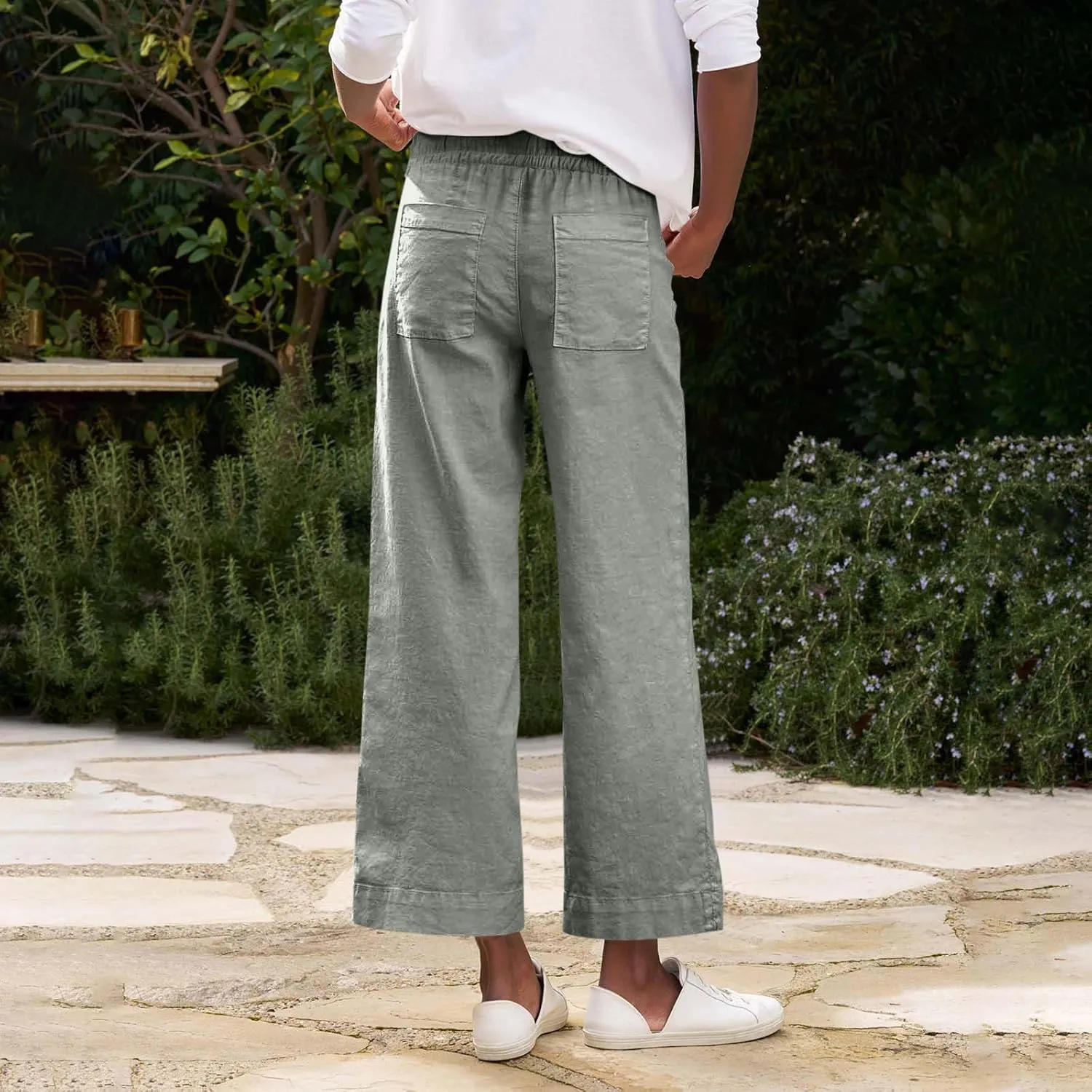 Women Linen Pants Wide Leg Capri Pants with Pockets Summer High Waisted Cropped Pants Boho Flowy Palazzo Pants